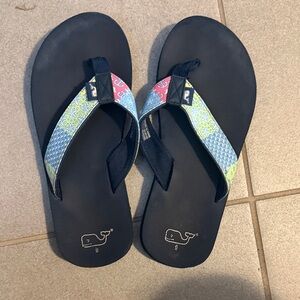 Vineyard Vines Navy Flip Flops with Patterned Blue, Green & Coral Straps